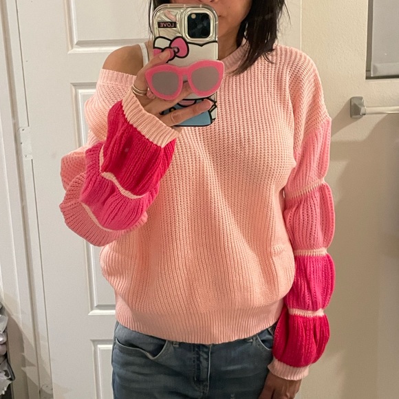 027 Cozy Pink Color Block Oversized Sweater Top - Picture 3 of 7